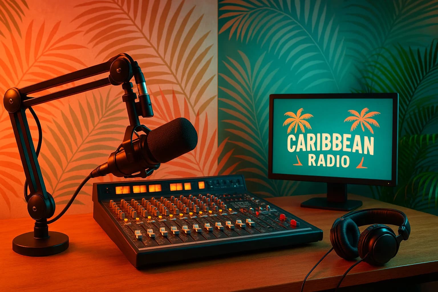 Vibrant Caribbean radio broadcasting studio with professional microphone and mixing equipment, warm coral and tropical teal lighting accents