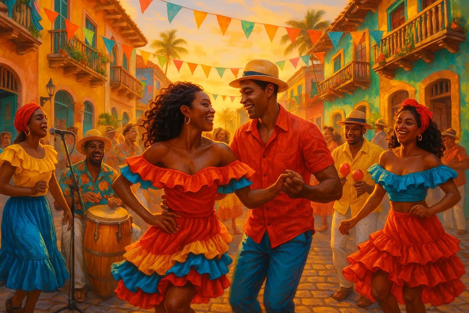 Colorful Caribbean street festival with tropical music performers and salsa dancers in vibrant clothing celebrating Latin tropical culture