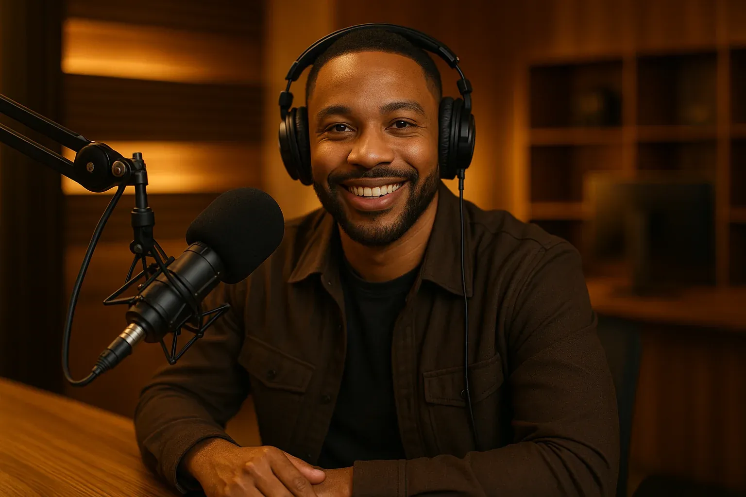 Confident urban AC radio host connecting with audience through headphones and microphone, warm studio with gold ambient lighting and sophisticated broadcast energy
