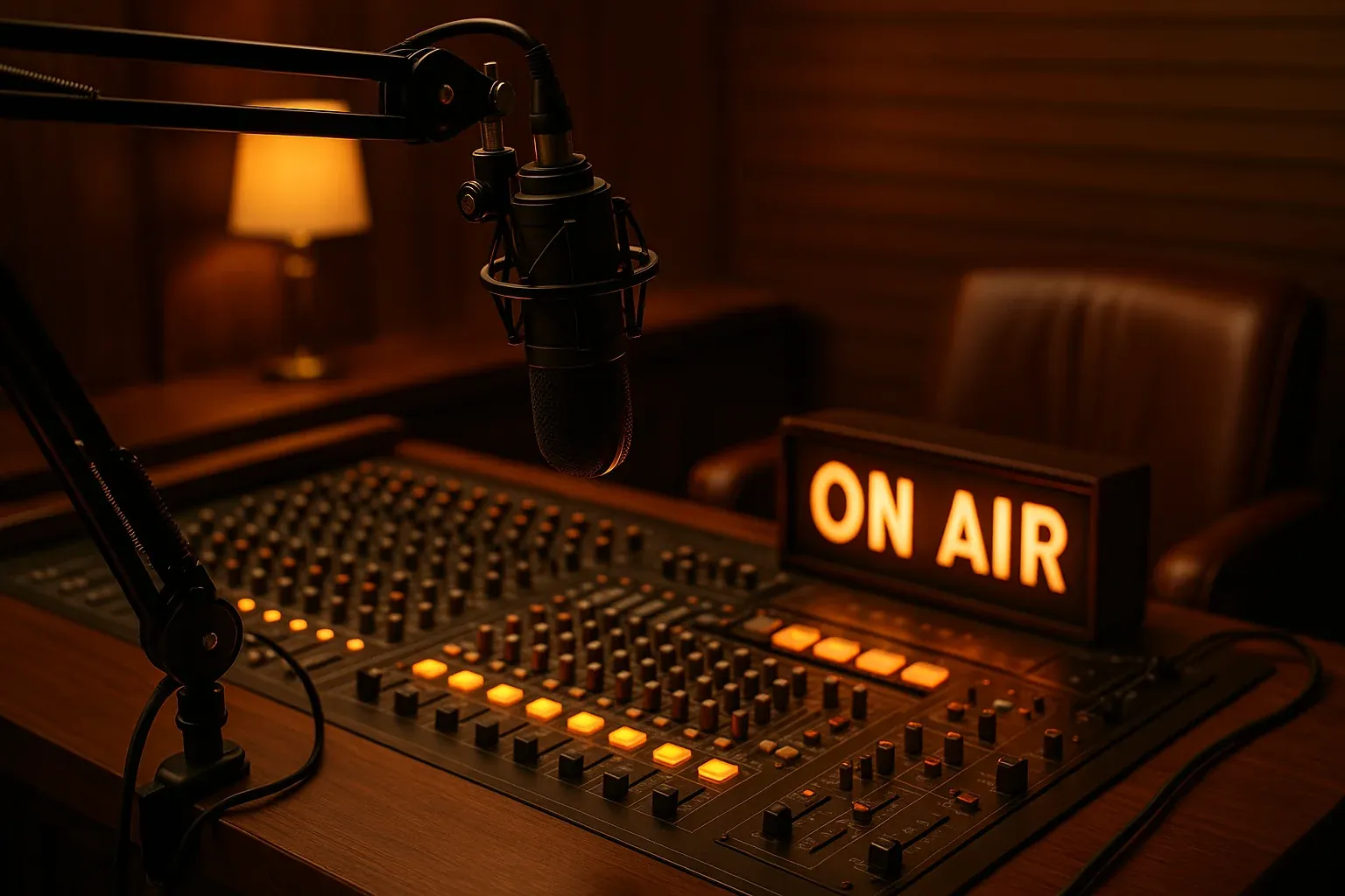 Warm sophisticated urban AC radio studio with gold and amber lighting, professional broadcast microphone, and R&B soul aesthetic for urban adult contemporary format