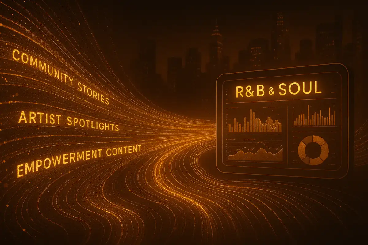 Abstract visualization of R&B and soul culture with warm gold and amber data streams representing community stories, artist spotlights, and empowerment content flowing into a broadcast dashboard for urban adult contemporary radio
