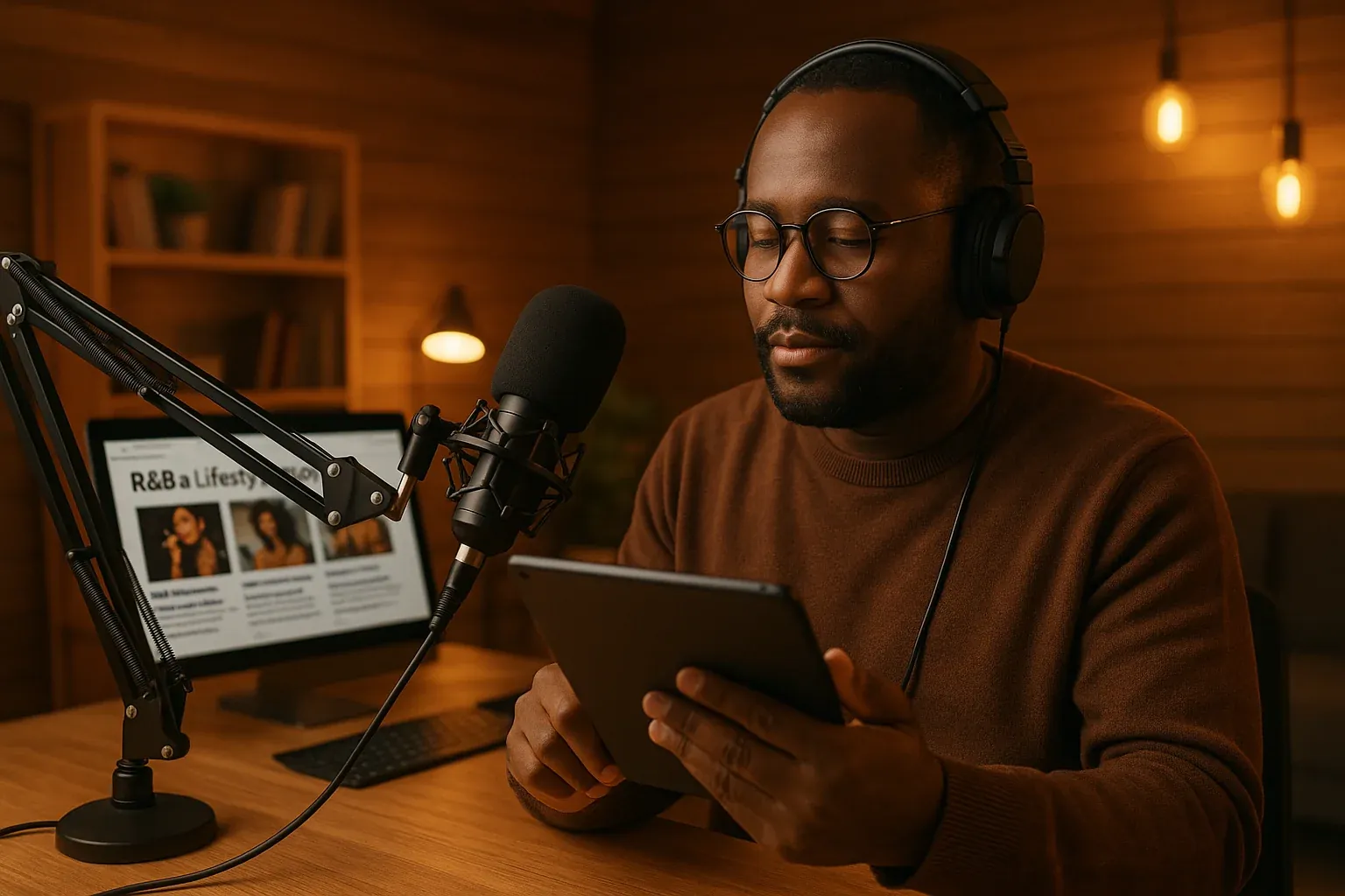 Radio host preparing urban AC show content on tablet in modern studio with warm amber lighting, reviewing R&B and lifestyle stories for broadcast
