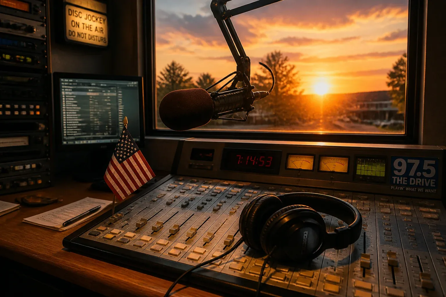 Calm festive radio studio at golden hour after the Fourth, small American flag and headphones on the console, warm sunset light through the window