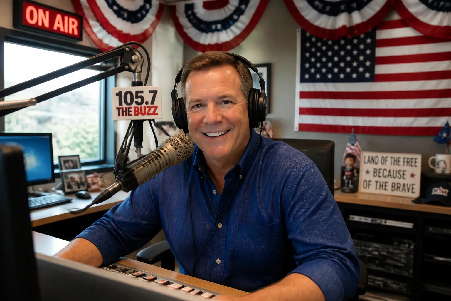 Festive radio studio decorated with red, white, and blue bunting and an American flag, a microphone ready on the desk, bright celebratory daylight through the window