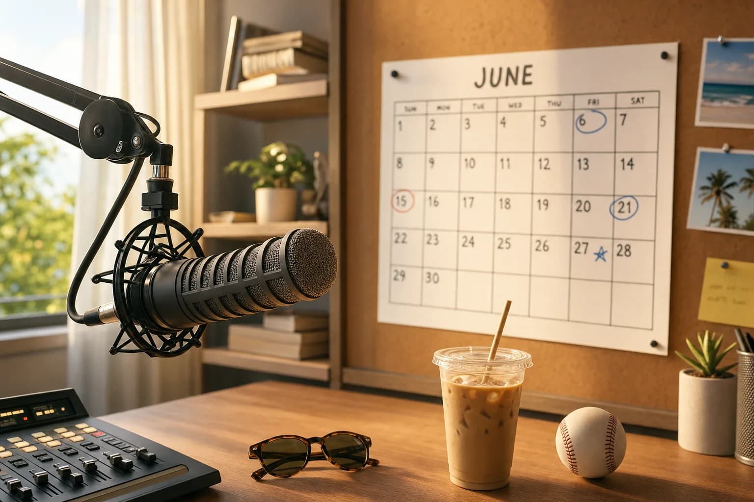 Bright early-summer radio studio with a June content calendar pinned to a corkboard, a broadcast microphone in the foreground, and warm sunlight through the window