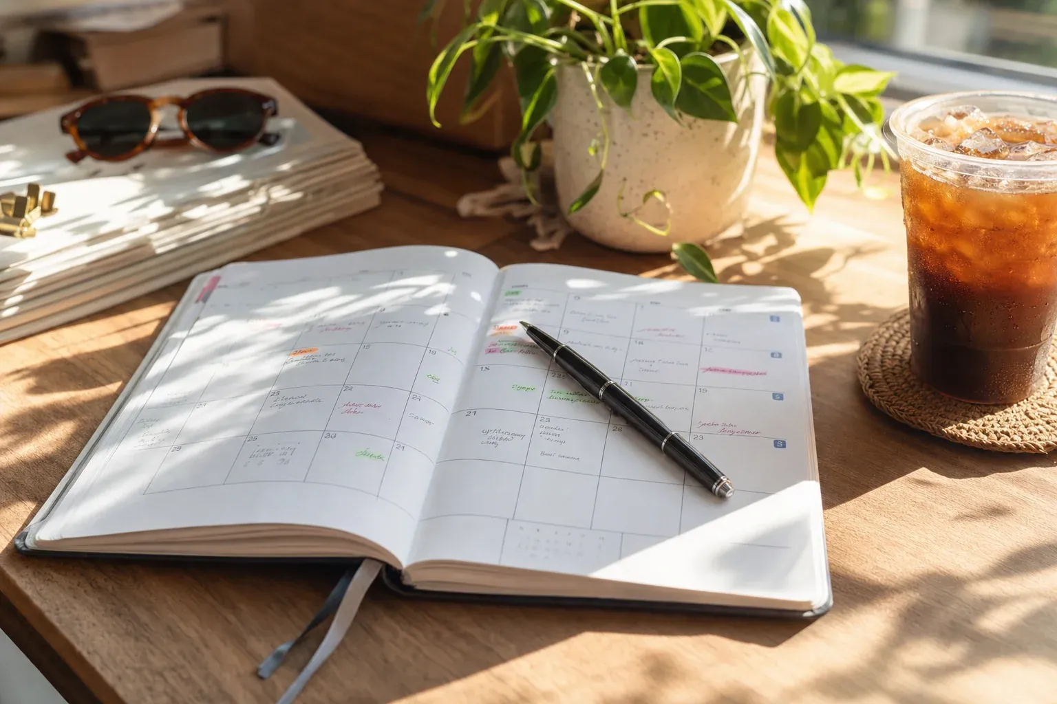 Open planning notebook with a June calendar page, a pen, and sunny natural light on a desk — a summer radio content planning workspace