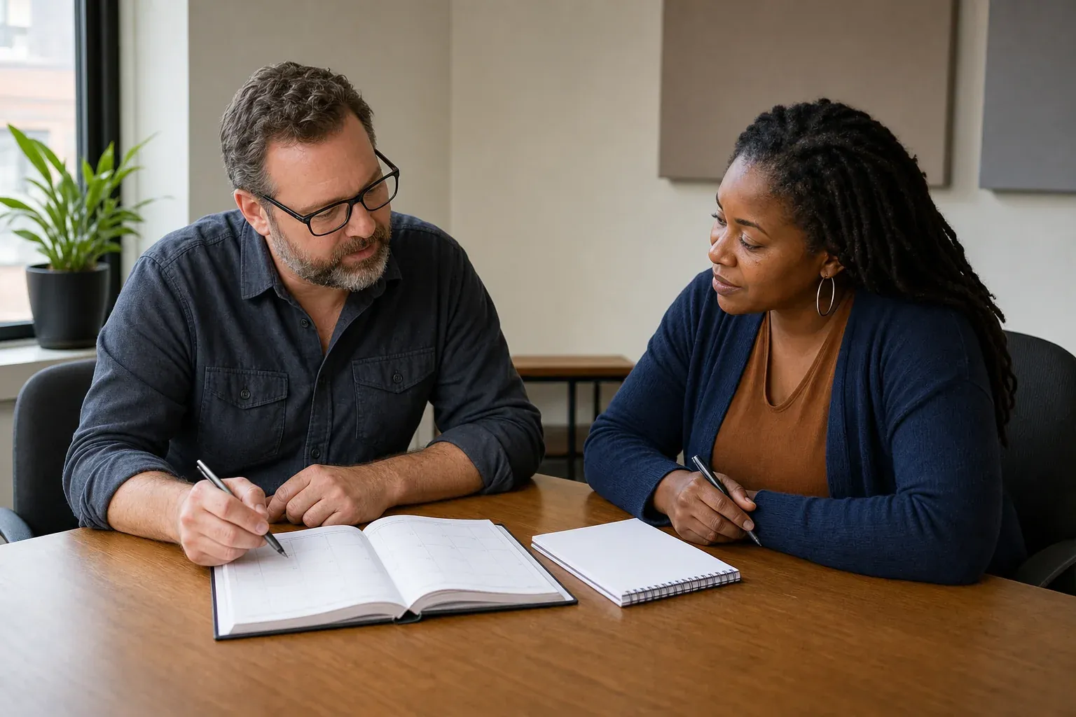 Radio program director and Black community organizer planning together at a table with notes and an open calendar representing Juneteenth radio content community partnerships