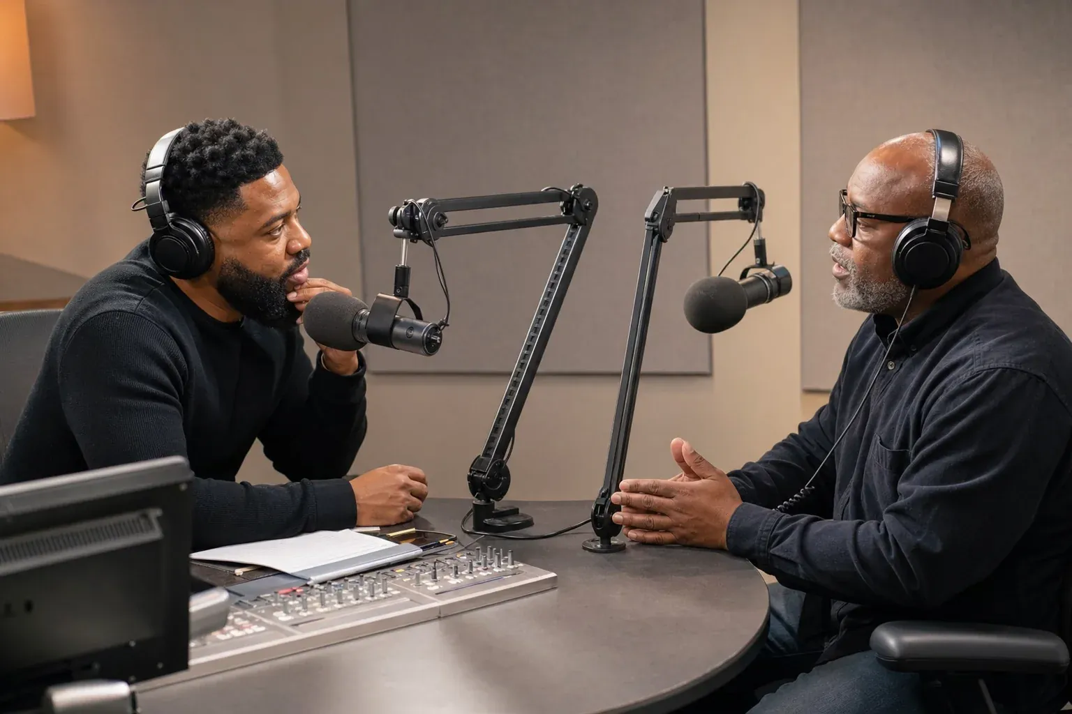 Professional radio host in studio interviewing a Black local guest both wearing headphones engaged in conversation about Juneteenth radio content segments