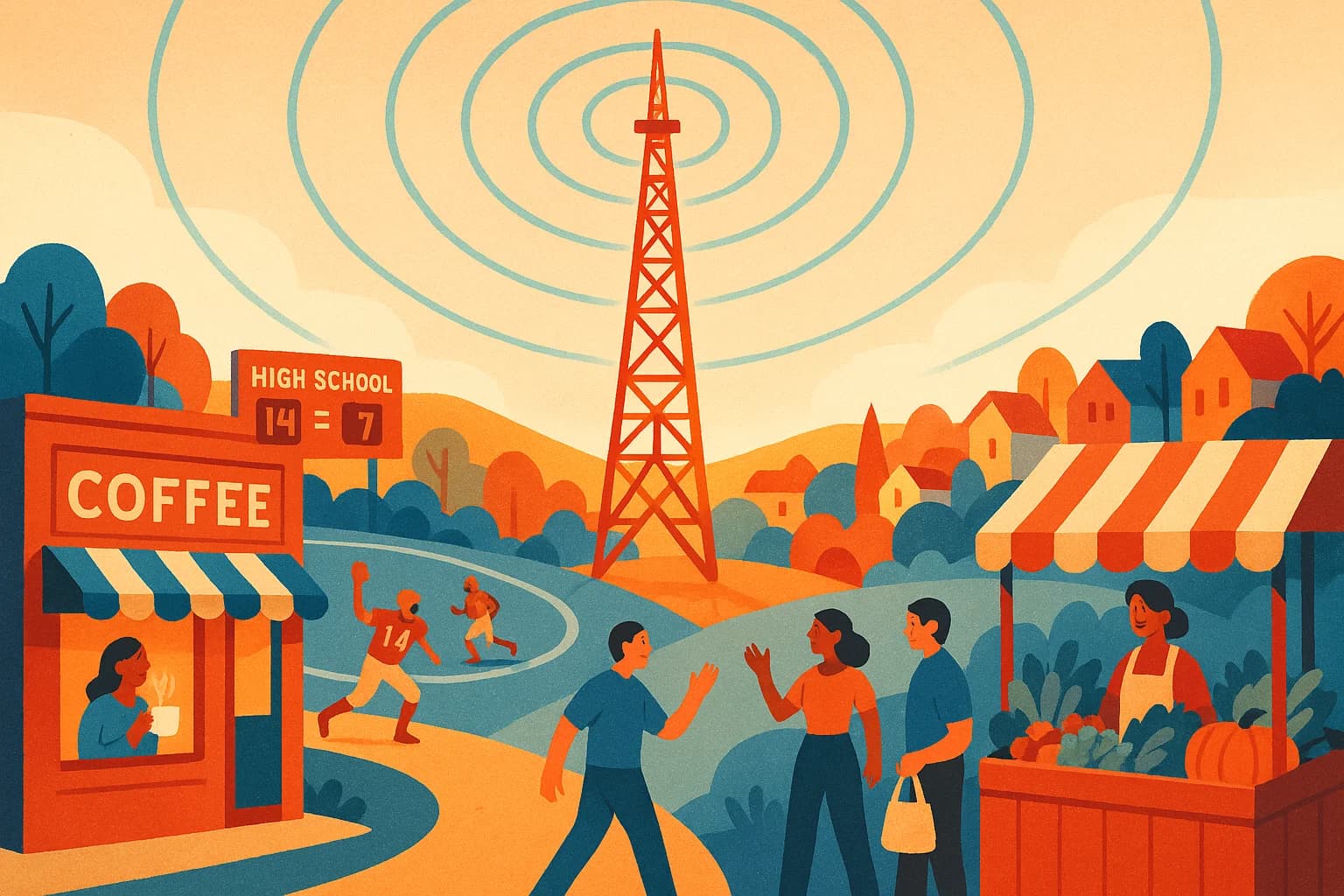Illustrated radio station broadcasting tower surrounded by community landmarks including a coffee shop, football field, and farmers market connected by radio waves