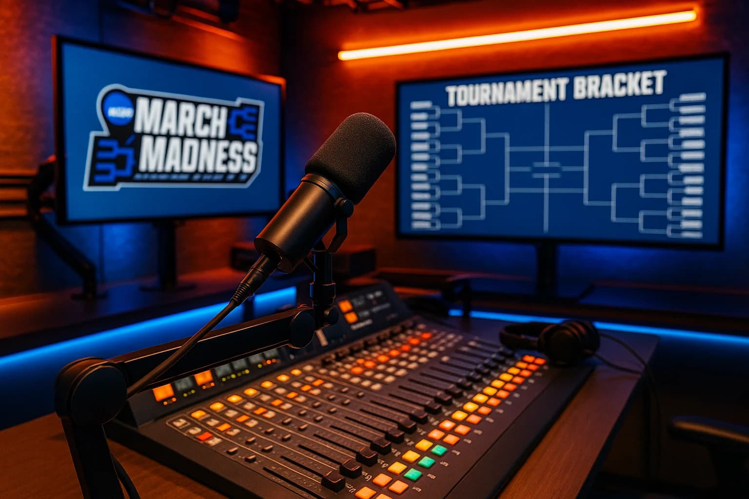 Radio broadcasting studio with basketball tournament bracket graphics on monitors and professional microphone in foreground during March Madness season