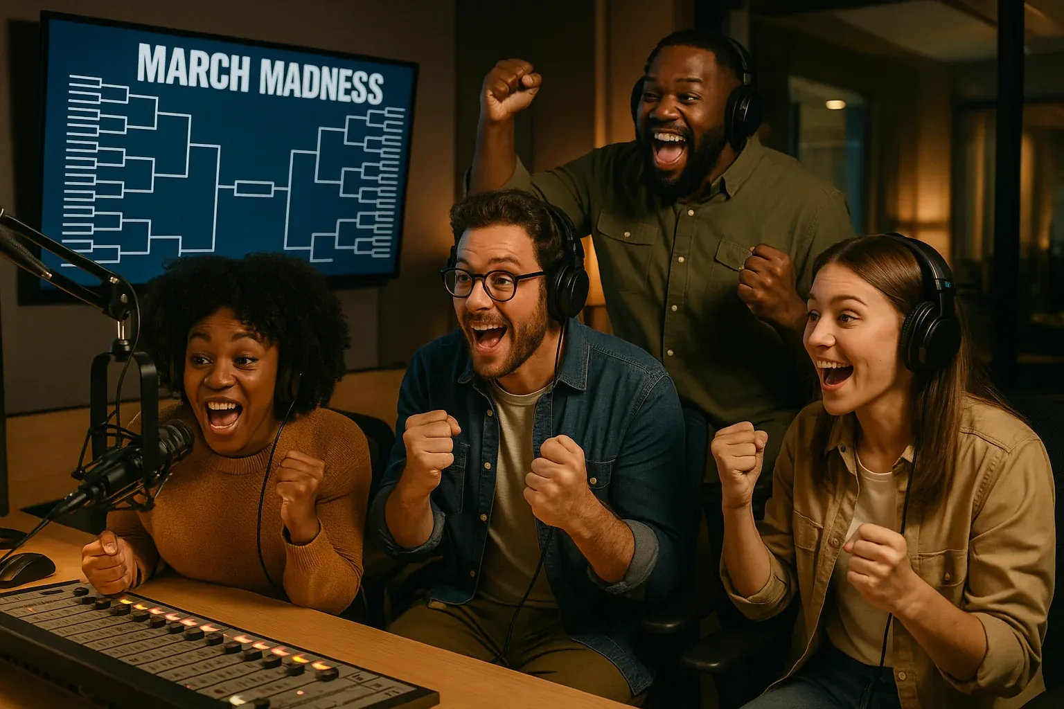 Radio professionals gathered around a broadcast console watching March Madness basketball brackets on screens with excited expressions in a modern station environment