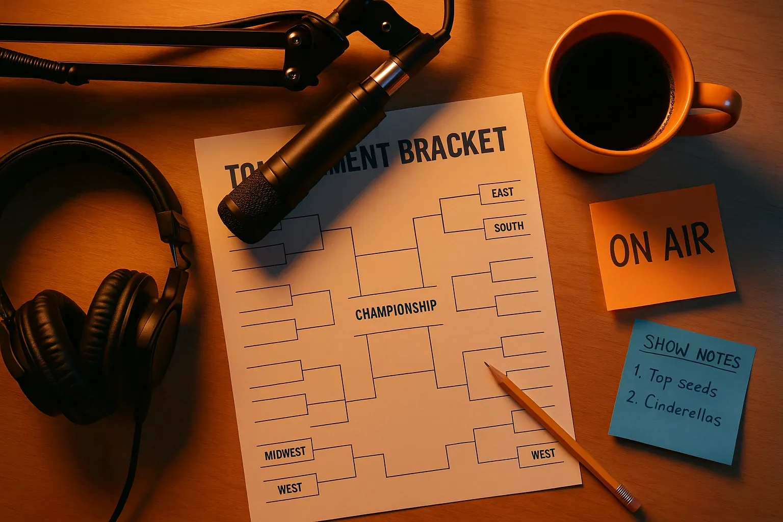Close-up of a radio studio desk with basketball bracket sheet, headphones, microphone, coffee mug, and show prep notes scattered creatively under warm amber studio lighting