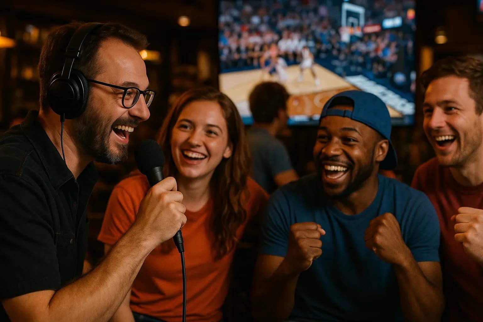 Radio host engaging enthusiastically with listeners at a March Madness watch party event with basketball game visible on screen behind them