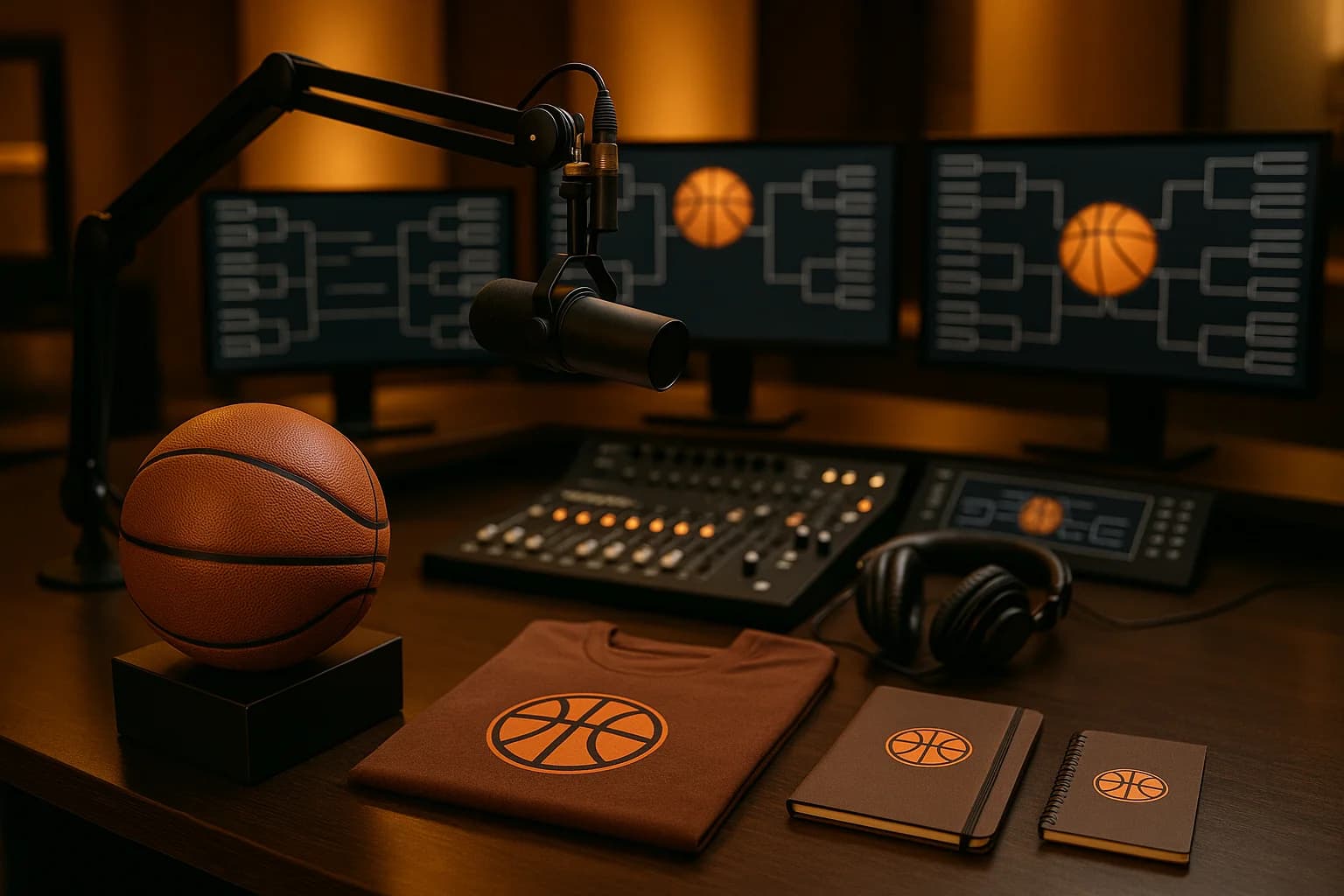 Radio station promotion setup with basketball brackets on studio monitors and contest prize display during March Madness tournament season