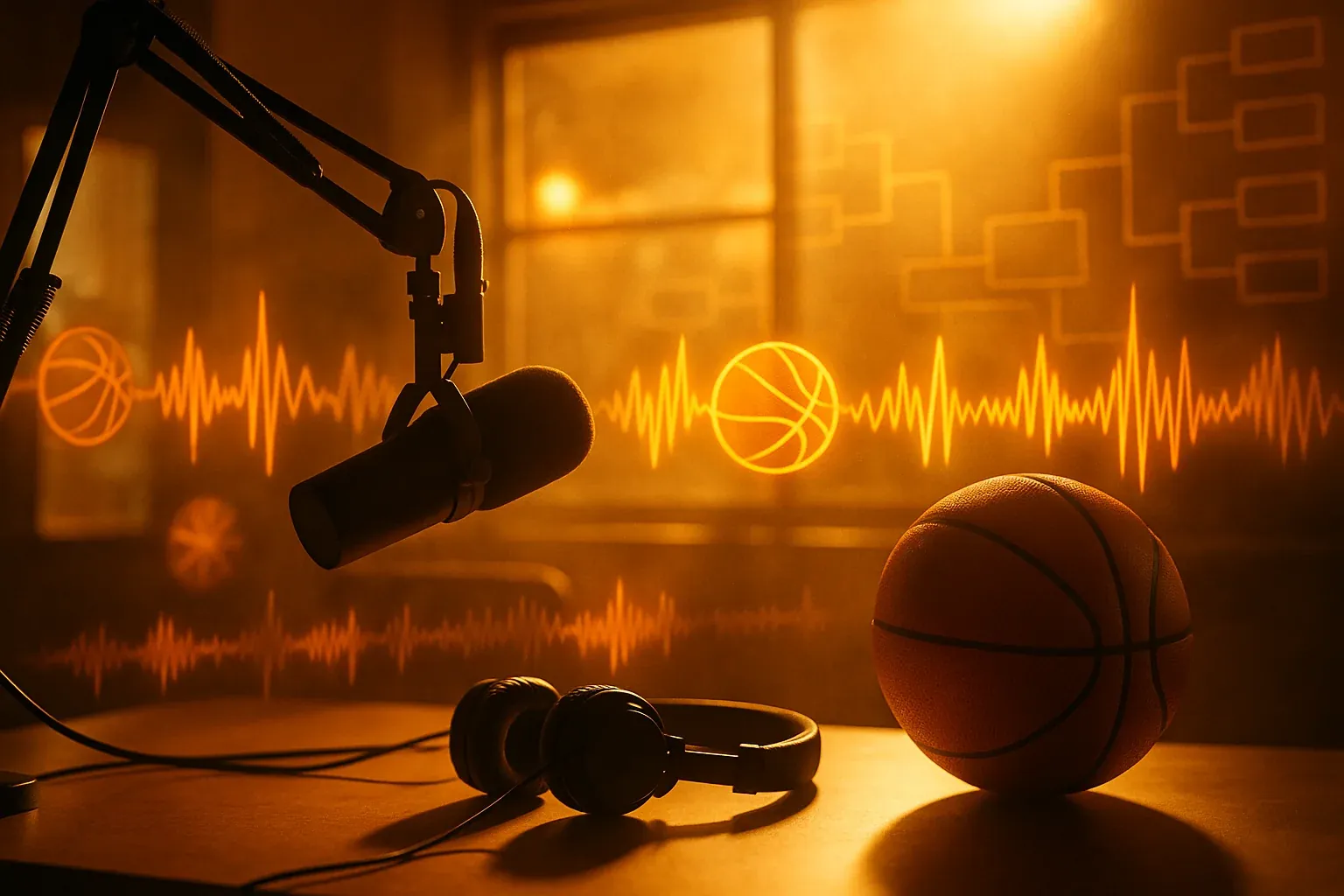 Abstract visualization of basketball tournament energy with warm golden light in a modern radio studio and faint bracket graphics in the background