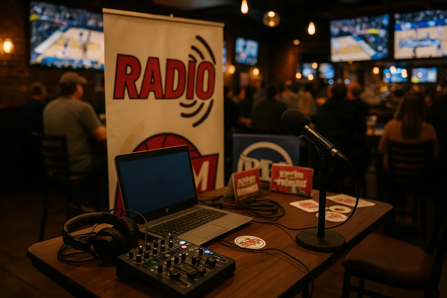 Radio station live remote broadcast setup at a local sports bar during college basketball tournament with portable equipment and fans watching games on large screens