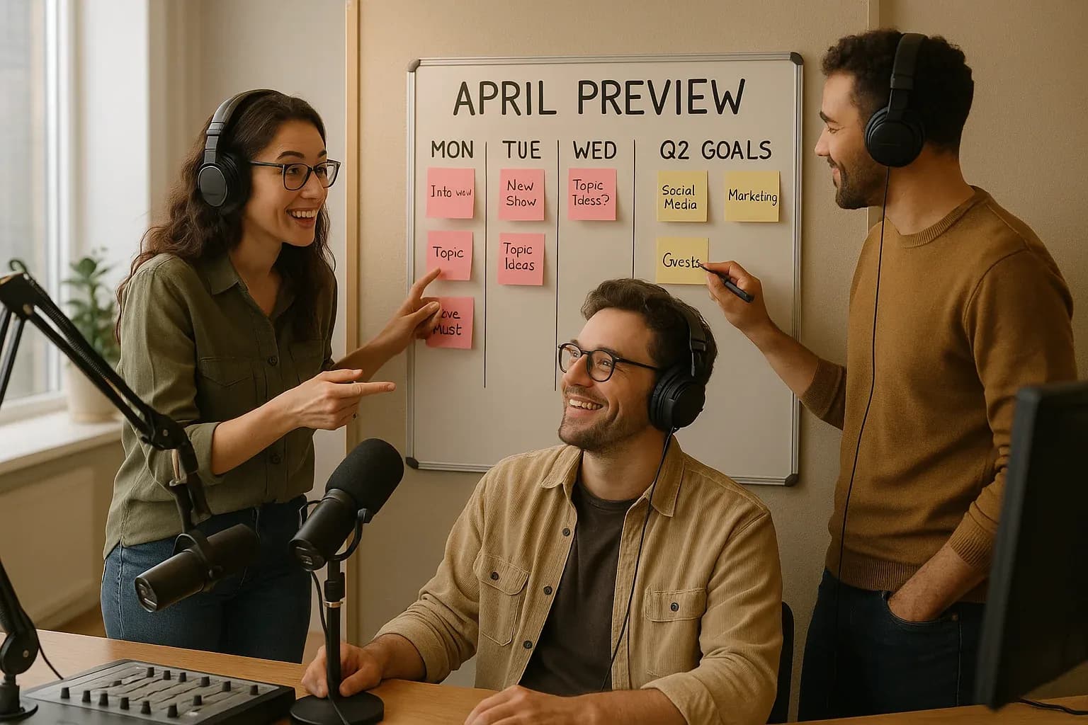 Radio team of three professionals collaborating around a content planning board with April preview notes and Q2 goals in modern broadcast office