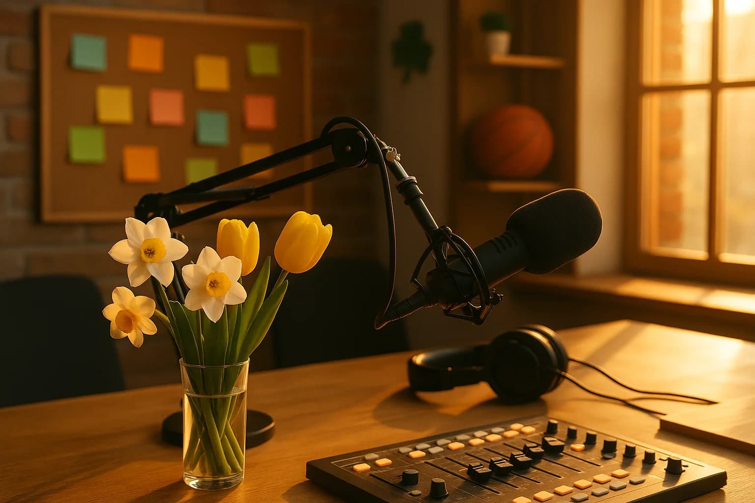 Professional radio broadcast studio desk with spring flowers, colorful sticky notes on a corkboard, headphones and microphone in warm creative workspace