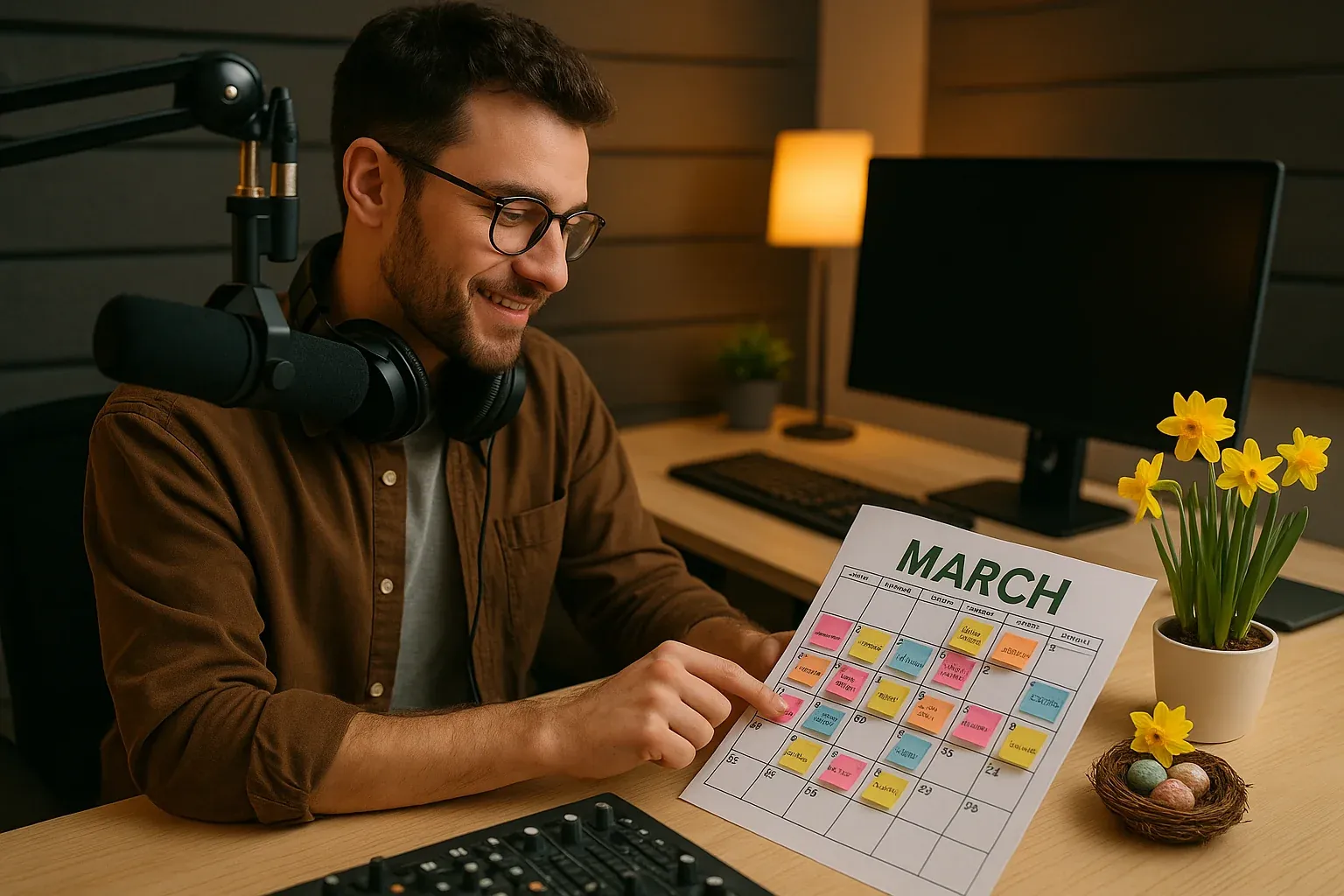 Radio host scanning a March content calendar at a modern broadcast studio desk with colorful planning notes and spring decorations