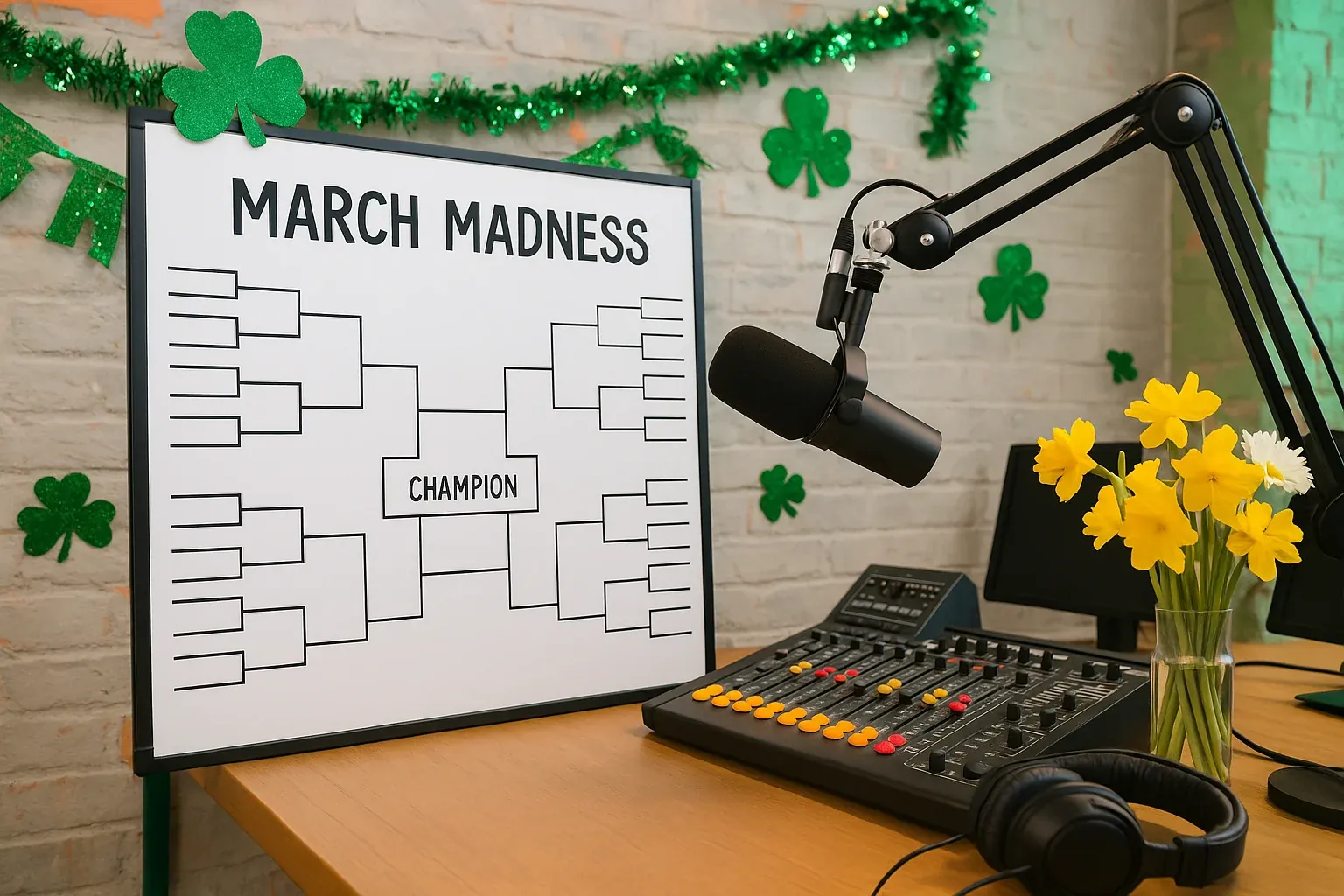 Basketball March Madness bracket on a whiteboard next to professional radio broadcasting equipment with St. Patricks Day decorations and spring flowers in energetic studio