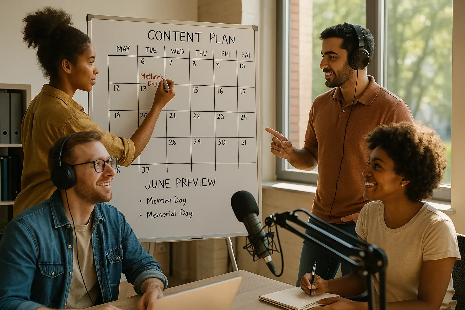 A radio team of diverse professionals collaborating around a content planning board with May dates and June preview notes, Mother's Day and Memorial Day themes visible on a whiteboard, modern broadcast office with late spring greenery visible through windows