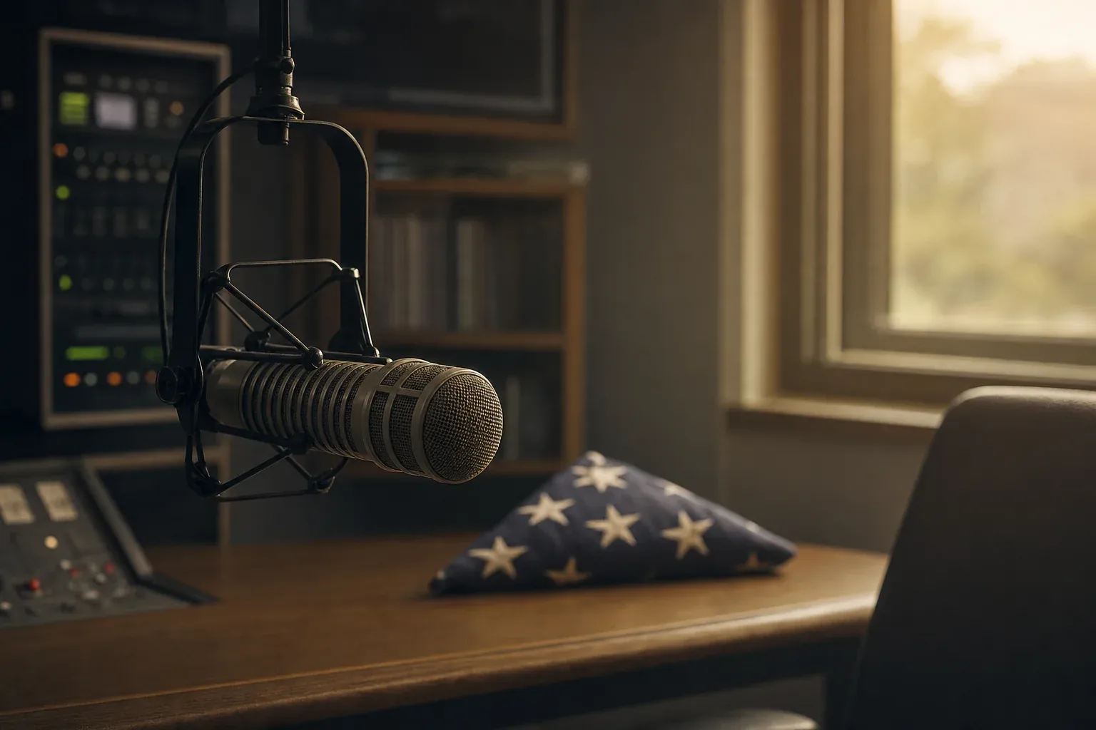 Studio broadcast microphone in soft morning light with subtle American flag accents, restrained editorial composition for Memorial Day radio tribute content