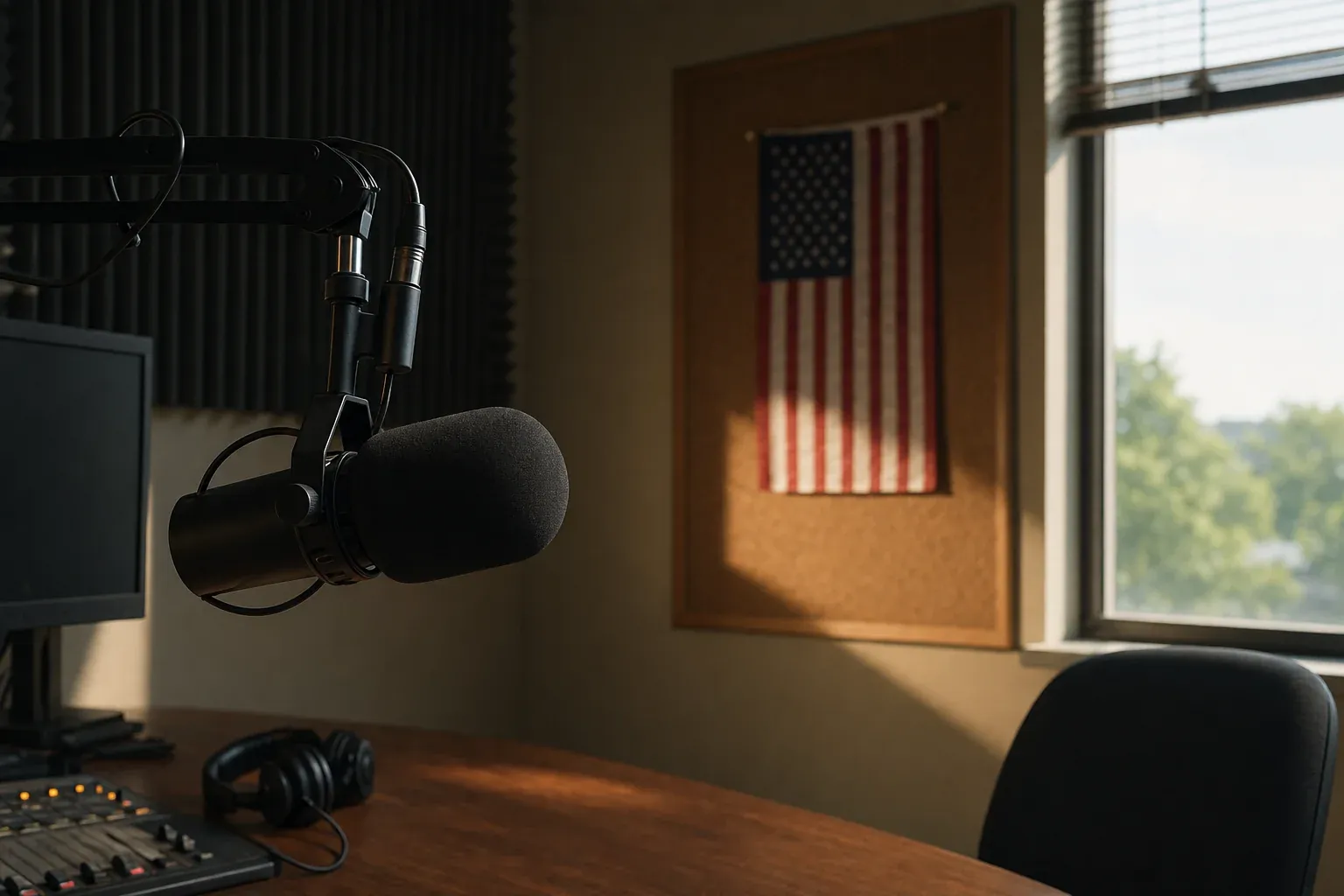 Quiet morning studio scene with a single broadcast microphone and a small American flag in soft natural light