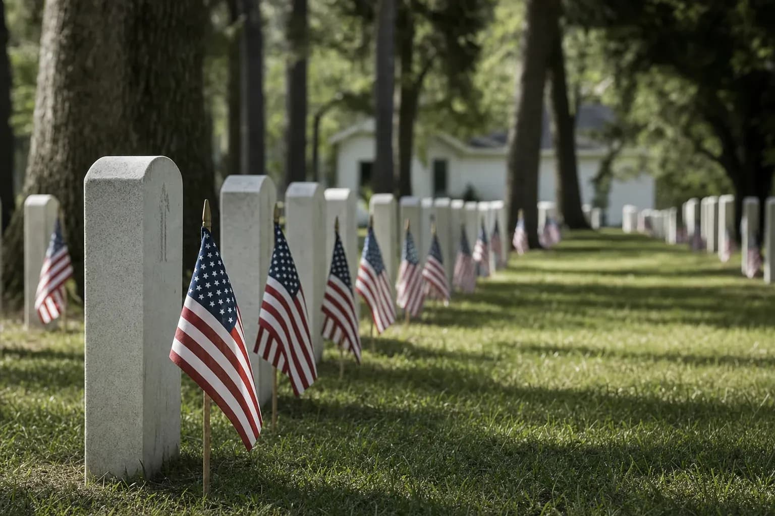Community remembrance ceremony at a local cemetery in soft late-morning light, modest and respectful composition