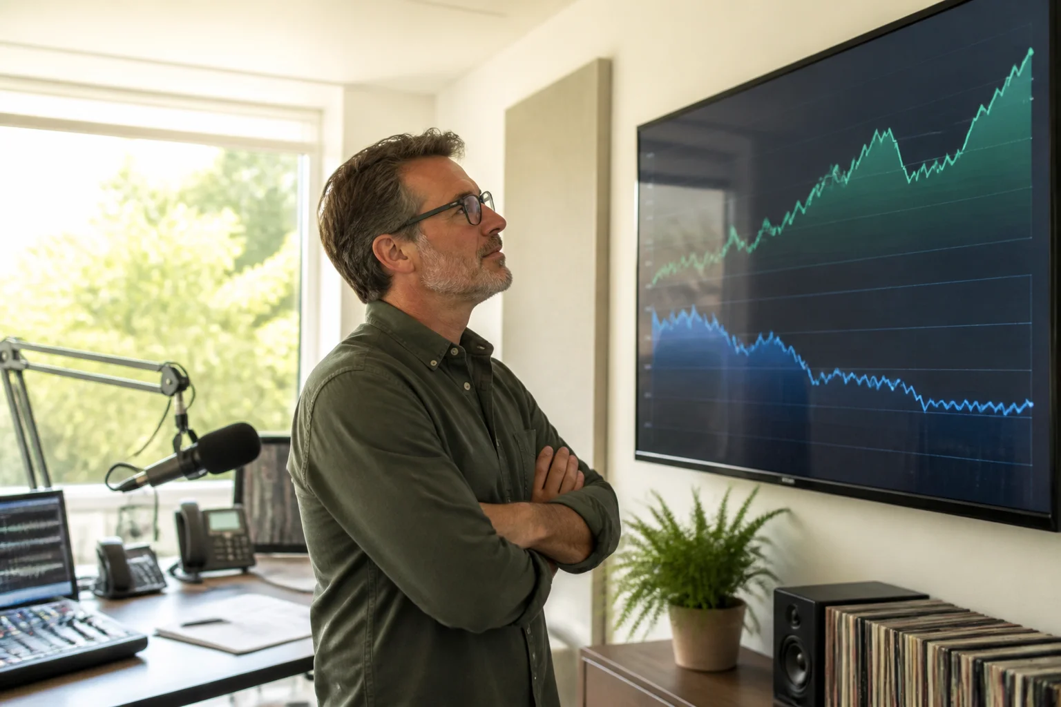 A program director calmly studying audience trend lines on a studio monitor during a bright July afternoon