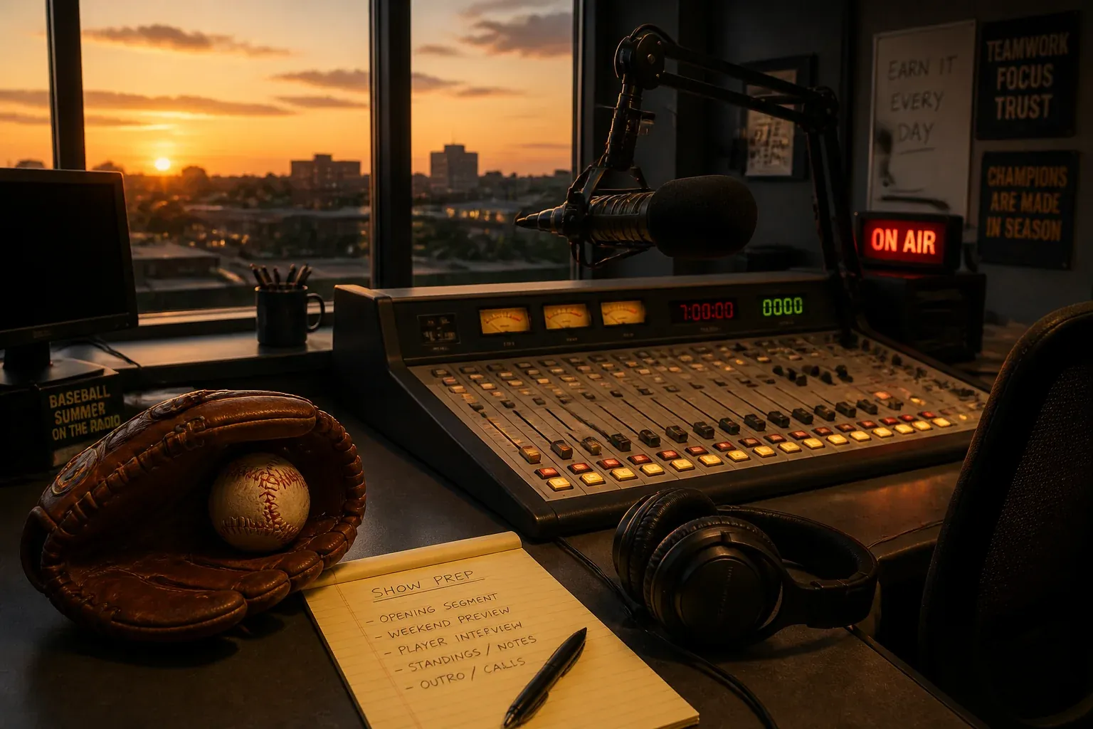 Empty radio studio console at dusk with a baseball and glove resting beside prep notes and headphones, warm summer light