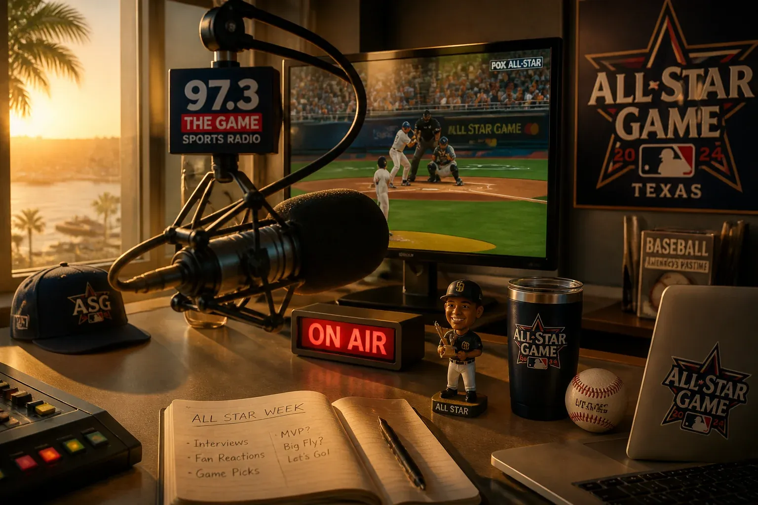 Summer radio studio at golden hour with a baseball game on a background monitor and a broadcast microphone in the foreground