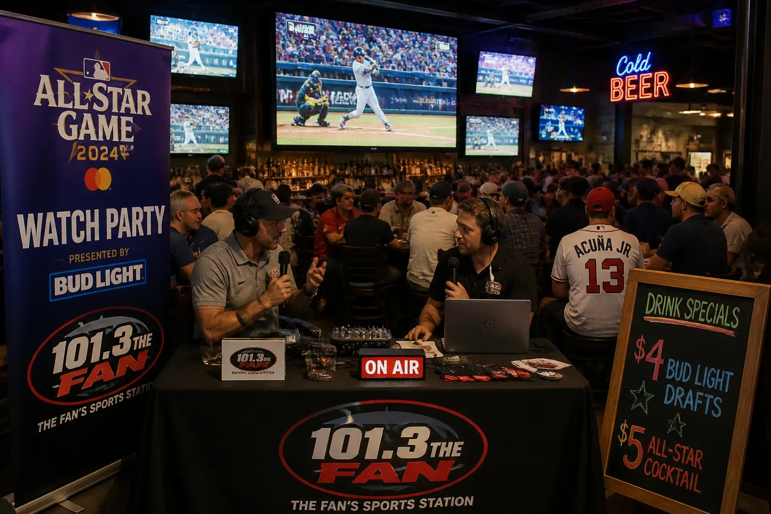 Sports bar All-Star Game watch party with a radio station remote broadcast table, fans watching baseball on big screens, summer evening