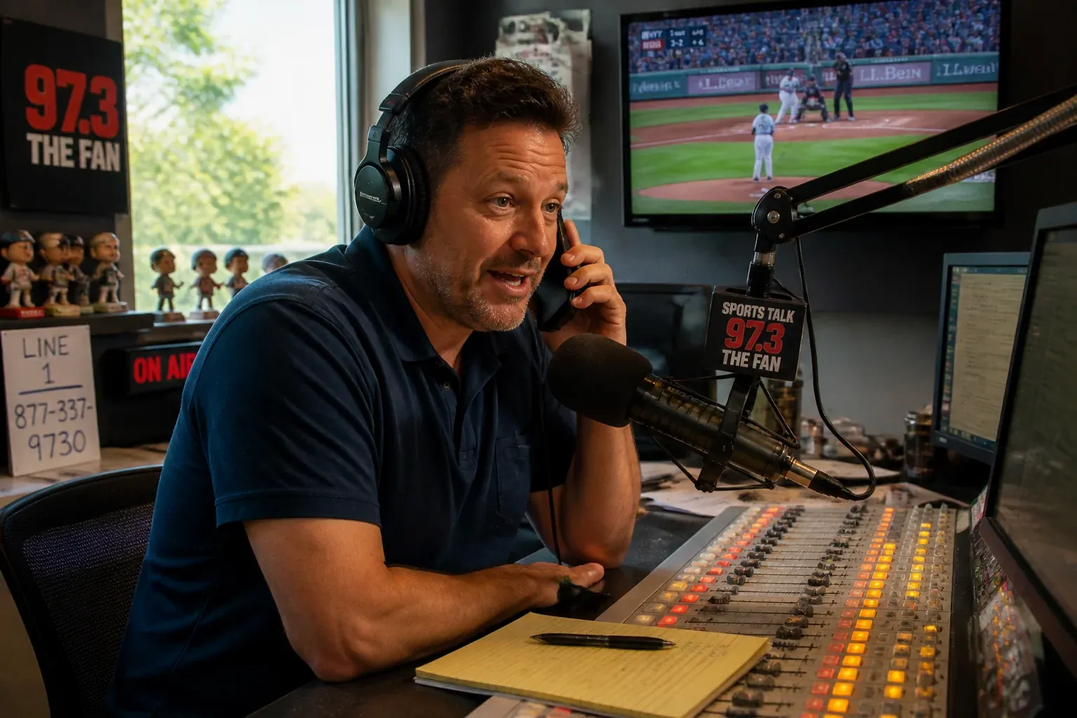 Radio host in headphones taking a listener call at the console with a baseball game on a screen behind, summer afternoon studio