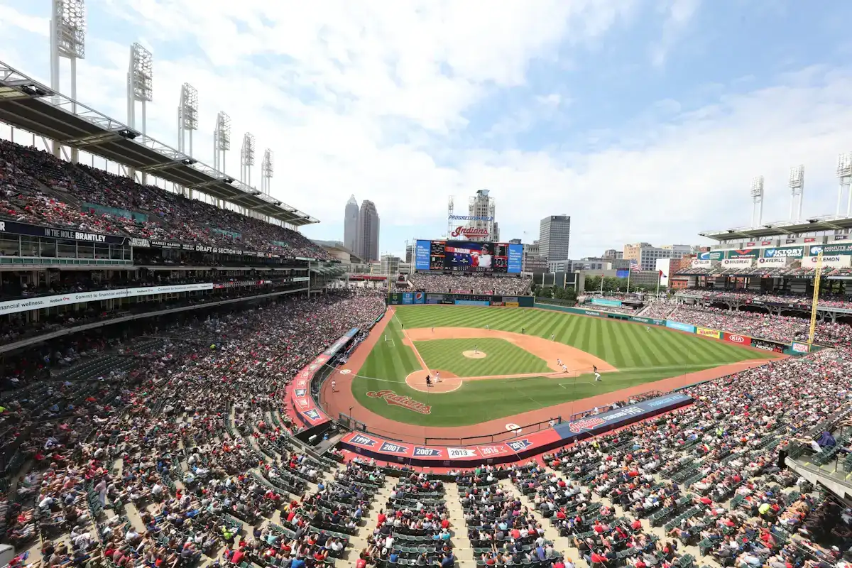 Wide view of a baseball diamond and outfield on a sunny day ready for MLB Opening Day games and spring baseball radio coverage