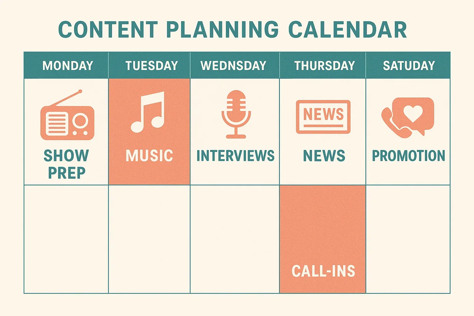Content planning calendar for morning show hosts organizing daily radio topics and rotating segment ideas