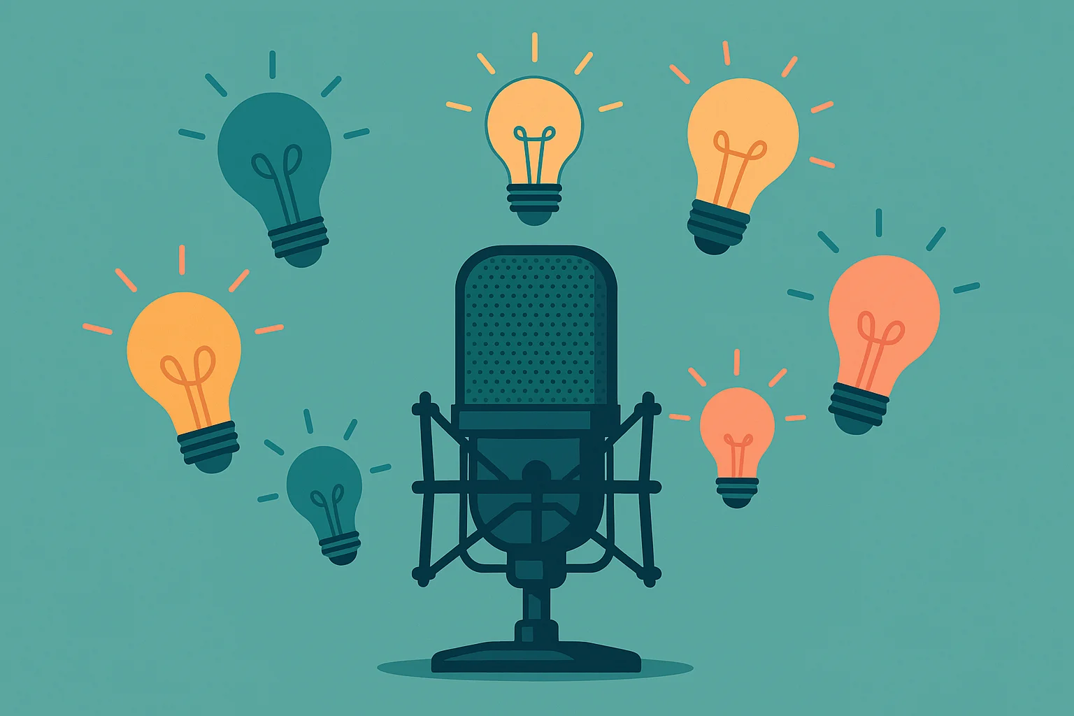 Radio studio microphone surrounded by colorful lightbulb icons representing 40 morning show prep ideas for radio hosts