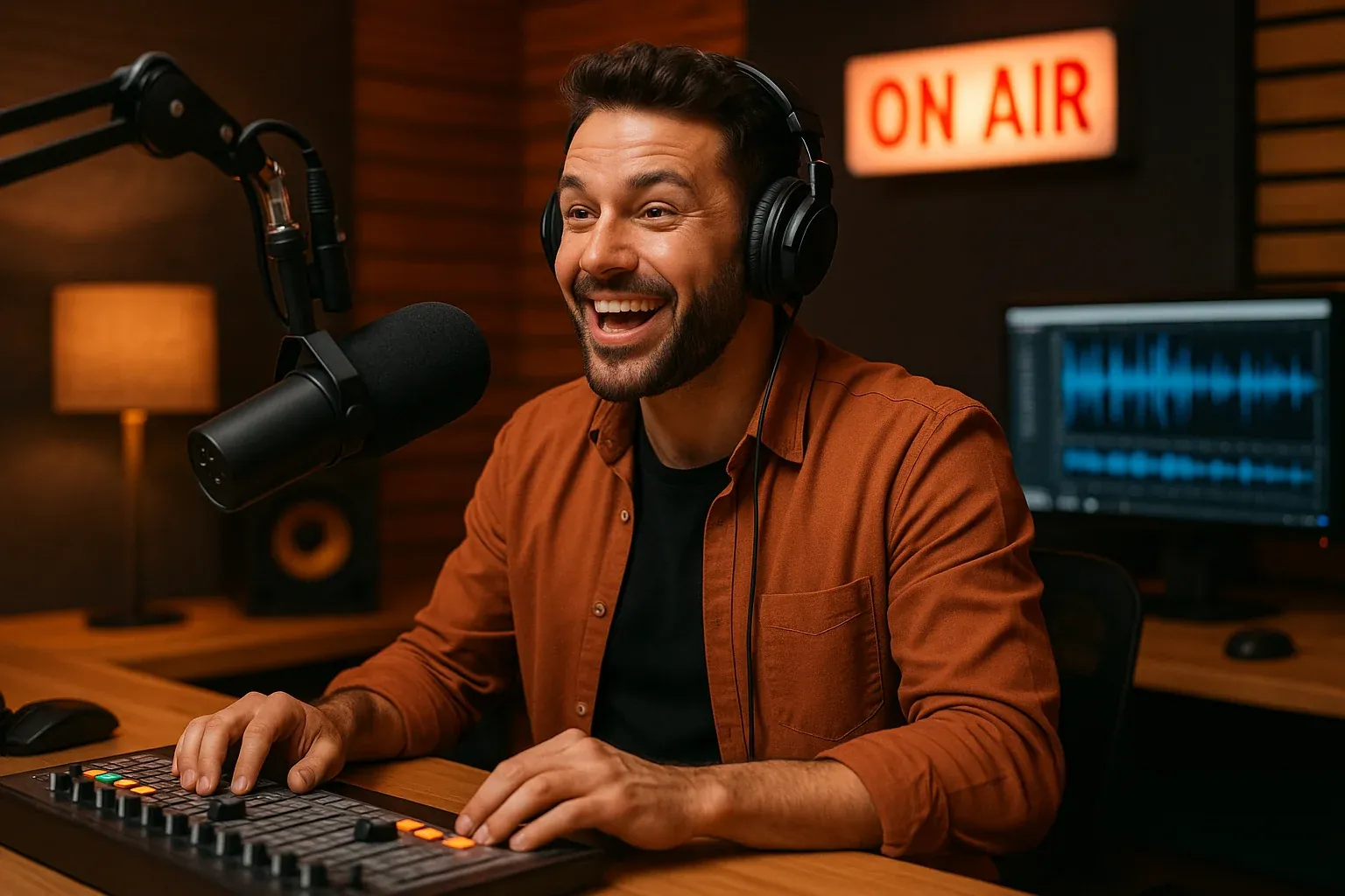 Professional radio broadcaster delivering content on-air with confidence and energy in a modern broadcast studio with professional equipment and warm inviting atmosphere