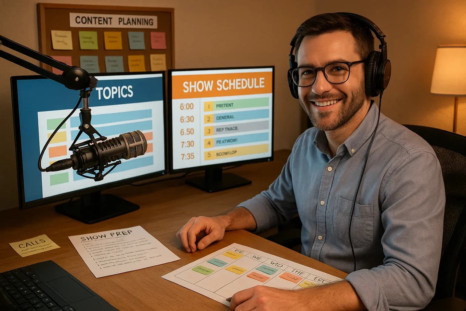 Radio morning show host at broadcast desk with organized content pipeline system showing queued topics and prep materials on multiple screens