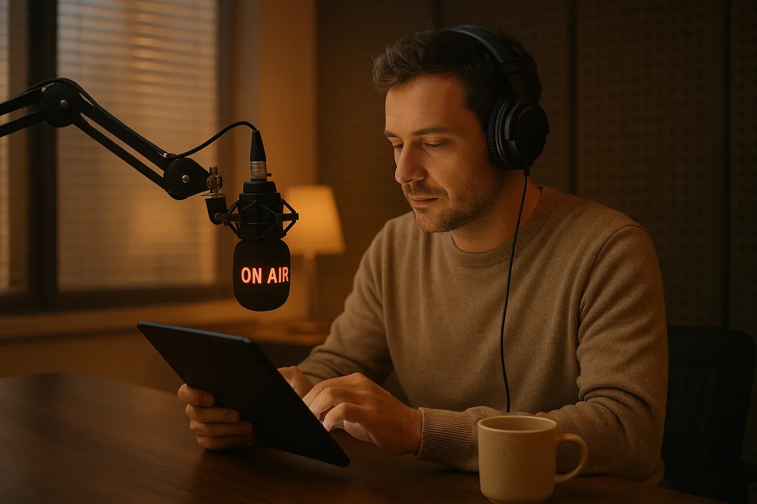 Radio host scanning content sources on tablet device with coffee cup nearby in early morning professional studio with soft warm lighting