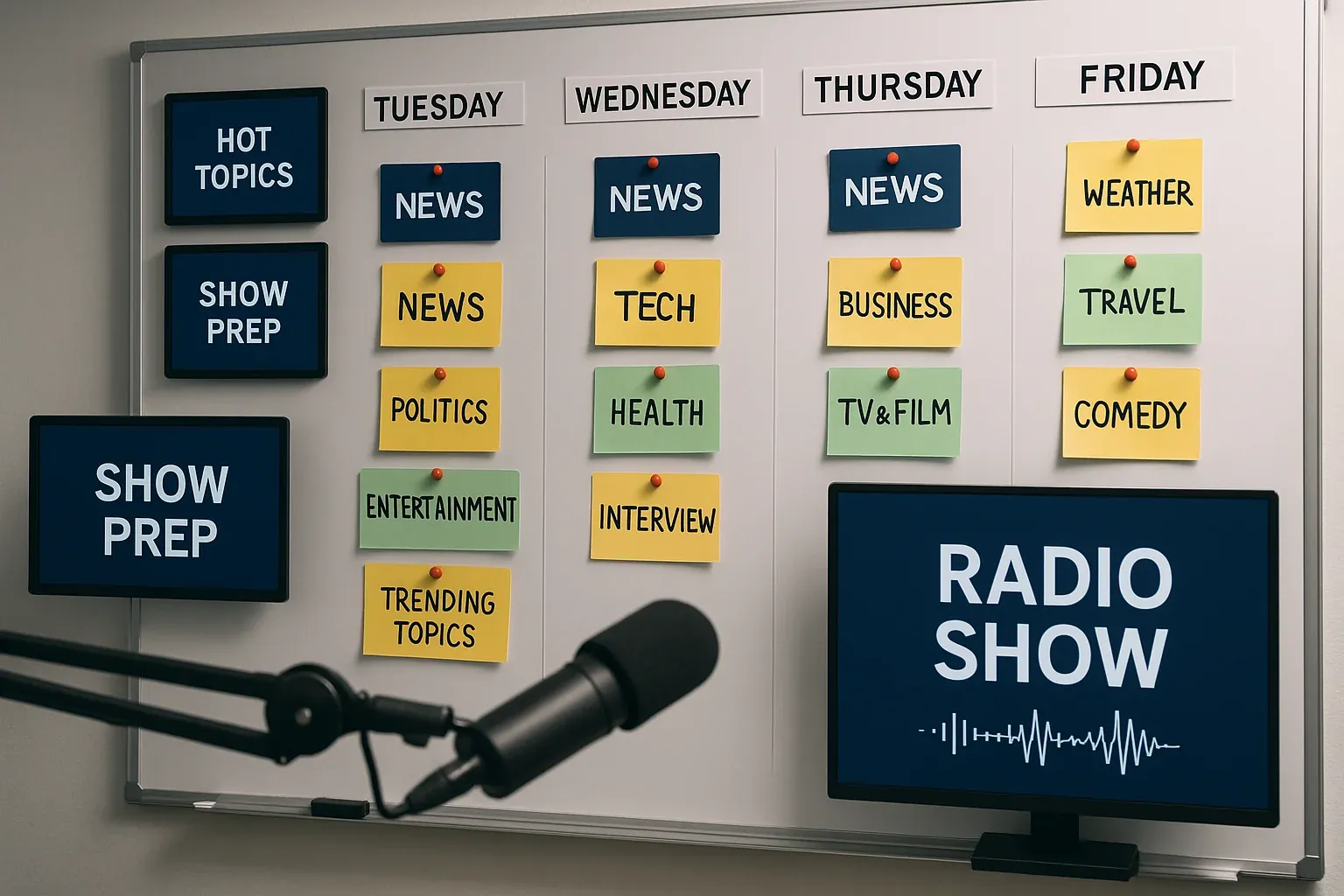 Content organization system for radio show prep with weekly planning board showing categorized topics pinned by day and theme in a professional broadcast environment