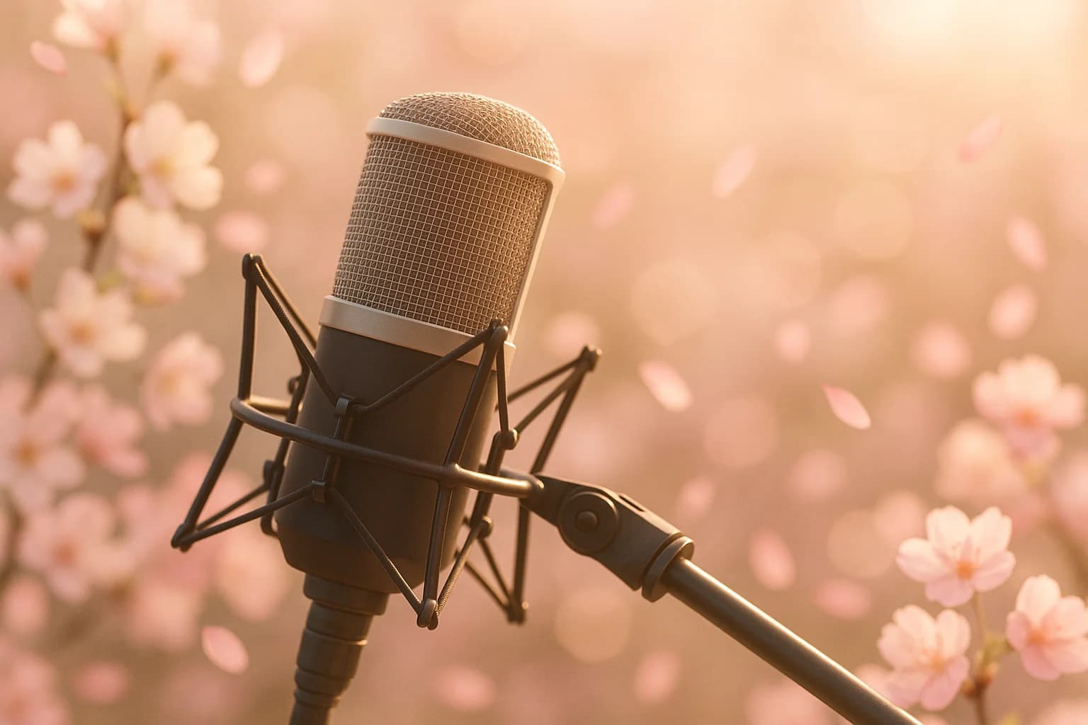 Professional radio studio microphone with soft floral accents and warm spring lighting representing Mother's Day radio content ideas and show prep