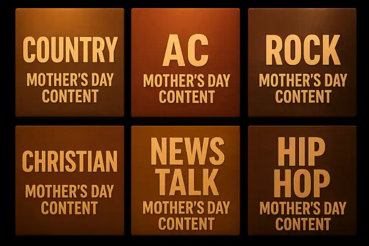 Six radio format station screens arranged in a warm broadcast studio grid, representing format-specific Mother's Day content planning for every radio format