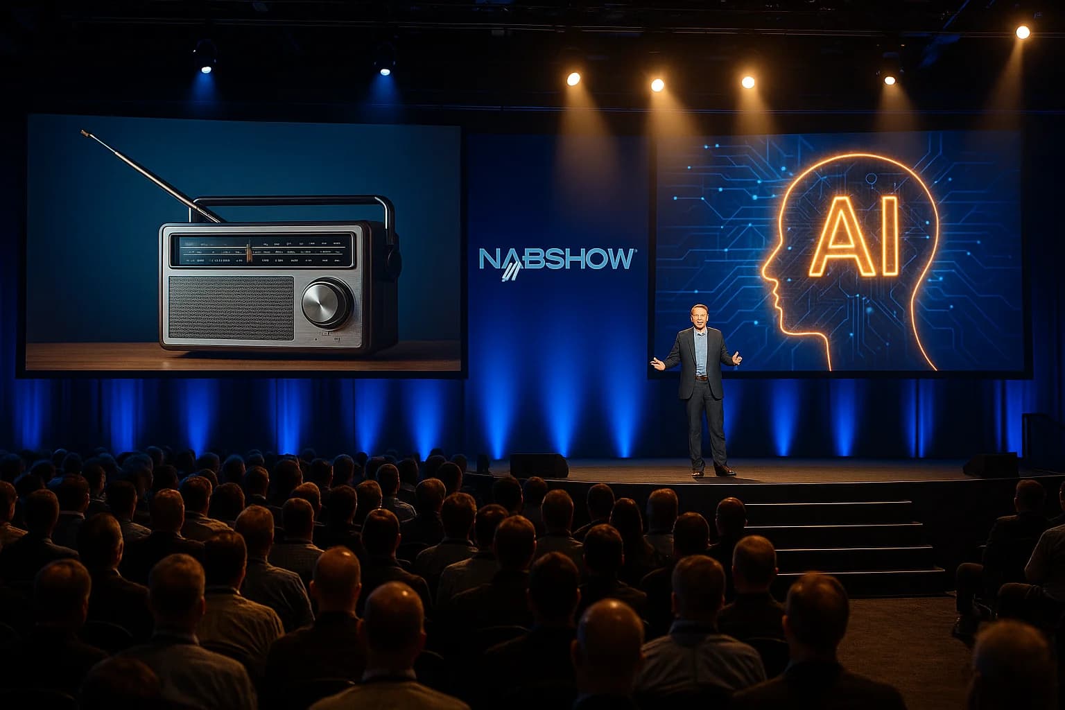 Large broadcasting industry conference session at NAB Show Las Vegas, packed auditorium with stage presenter and large screens displaying radio technology and AI content, professional event photography, dramatic stage lighting in blue and warm tones