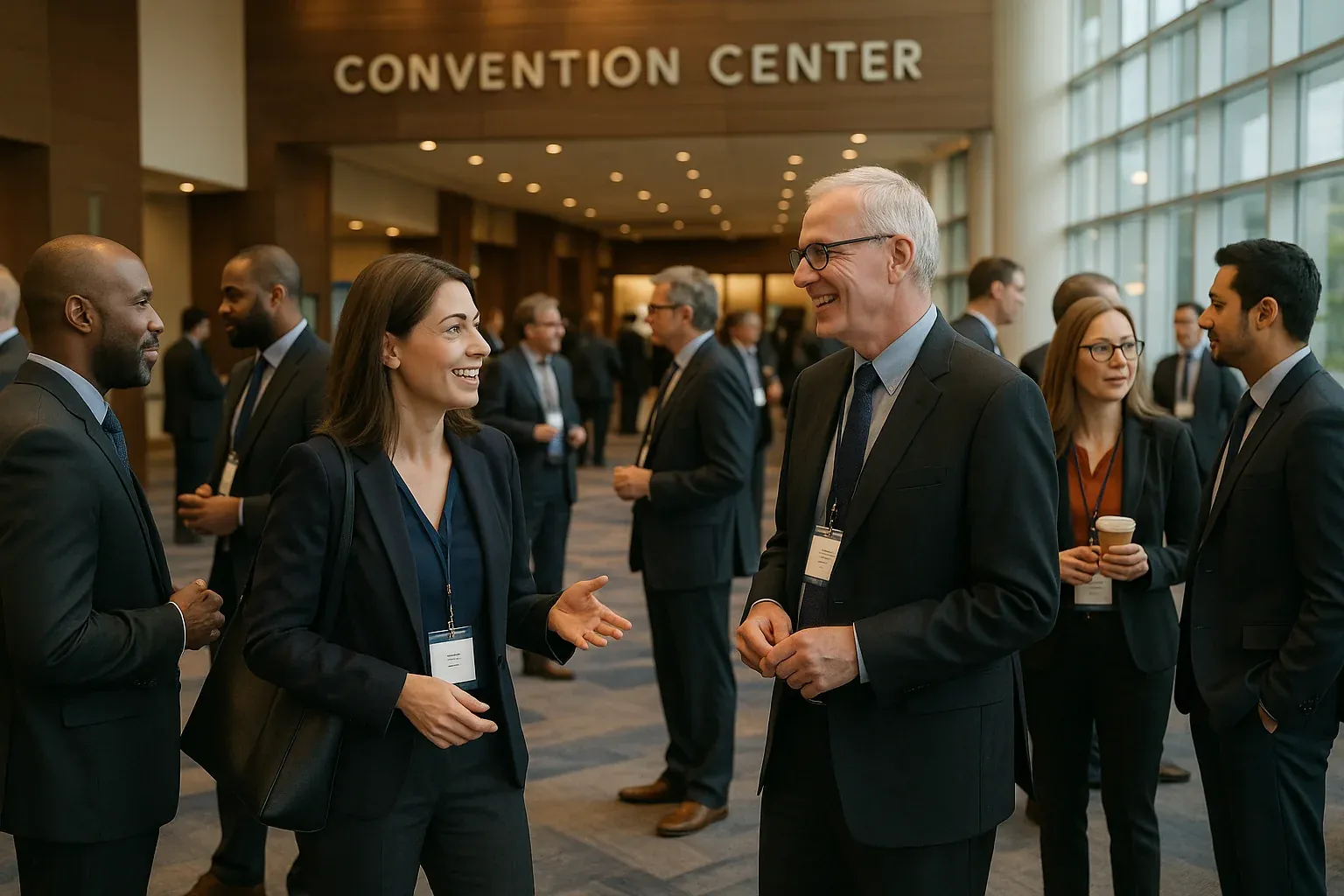 Broadcasting industry professionals networking in a modern conference center lobby, Las Vegas convention center atmosphere, professional attire, natural and warm artificial lighting, sense of industry gathering and conversation