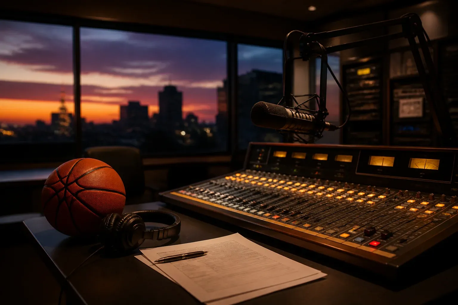 Empty radio studio console at dusk with a basketball resting beside prep notes and headphones