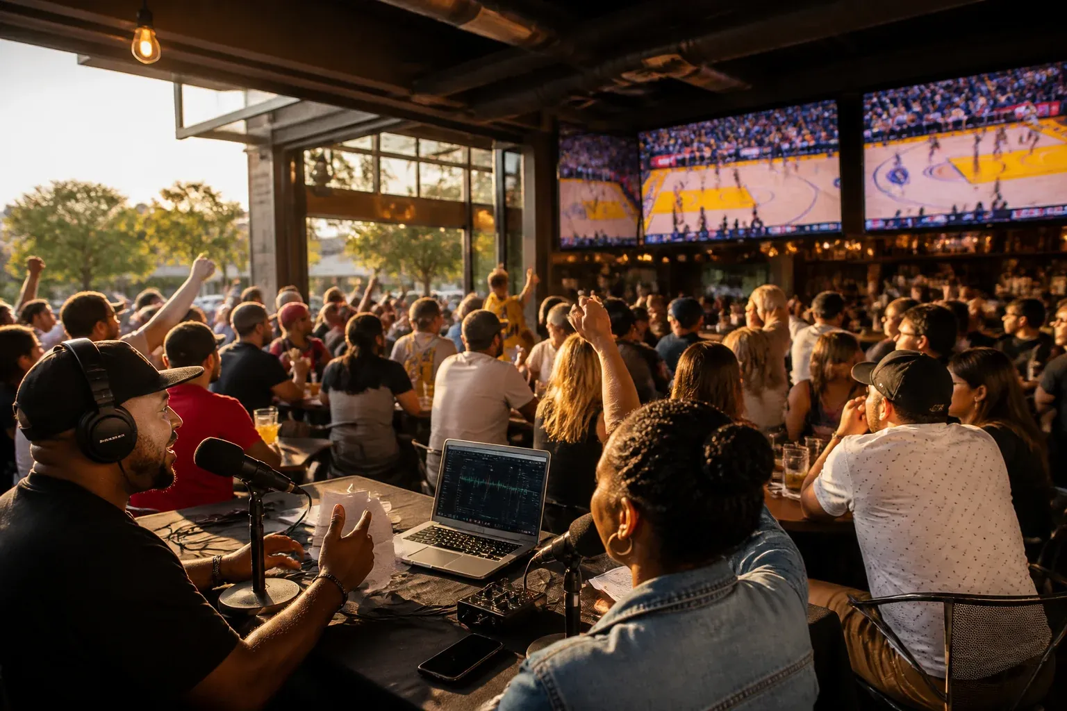 Sports bar NBA Finals watch party with a radio station remote broadcast table and fans watching the game