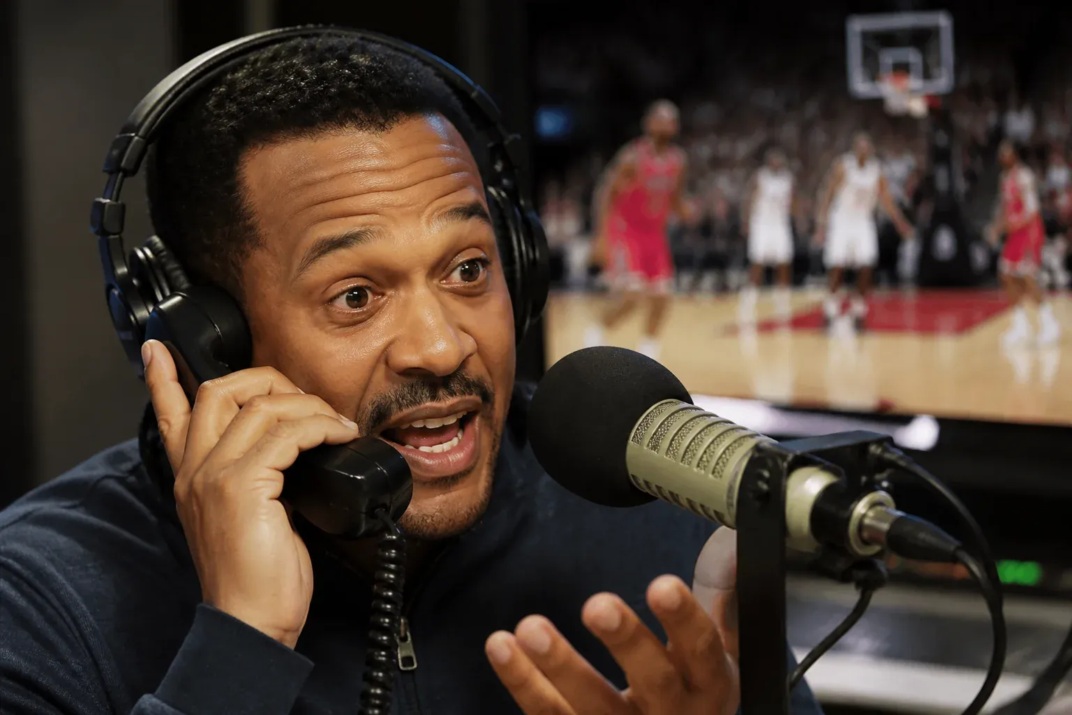 Radio host in headphones taking a listener call at the console with a basketball game on a screen behind