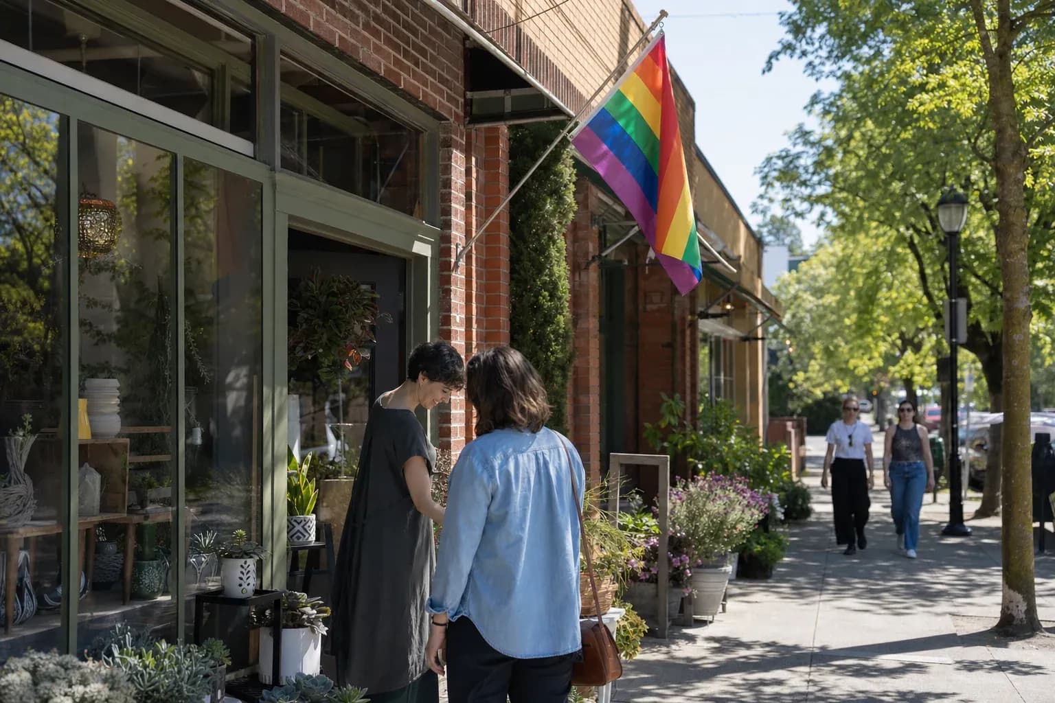 Local small-business storefront with a small tasteful pride flag on a sunny neighborhood street, representing local Pride Month community partnerships for radio