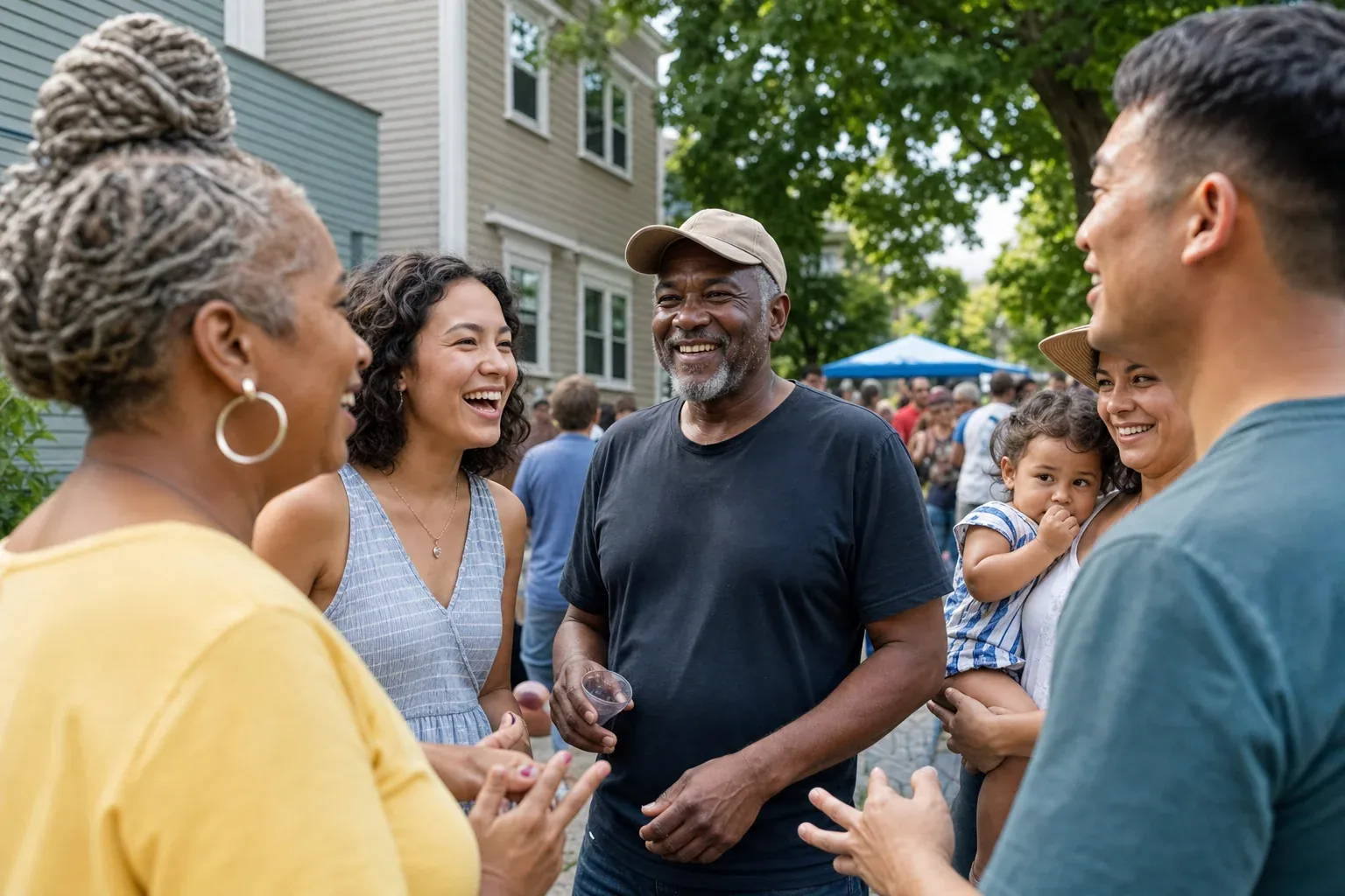 Diverse group of local community members talking and laughing together at a small neighborhood summer event, representing real local voices in Pride Month radio content