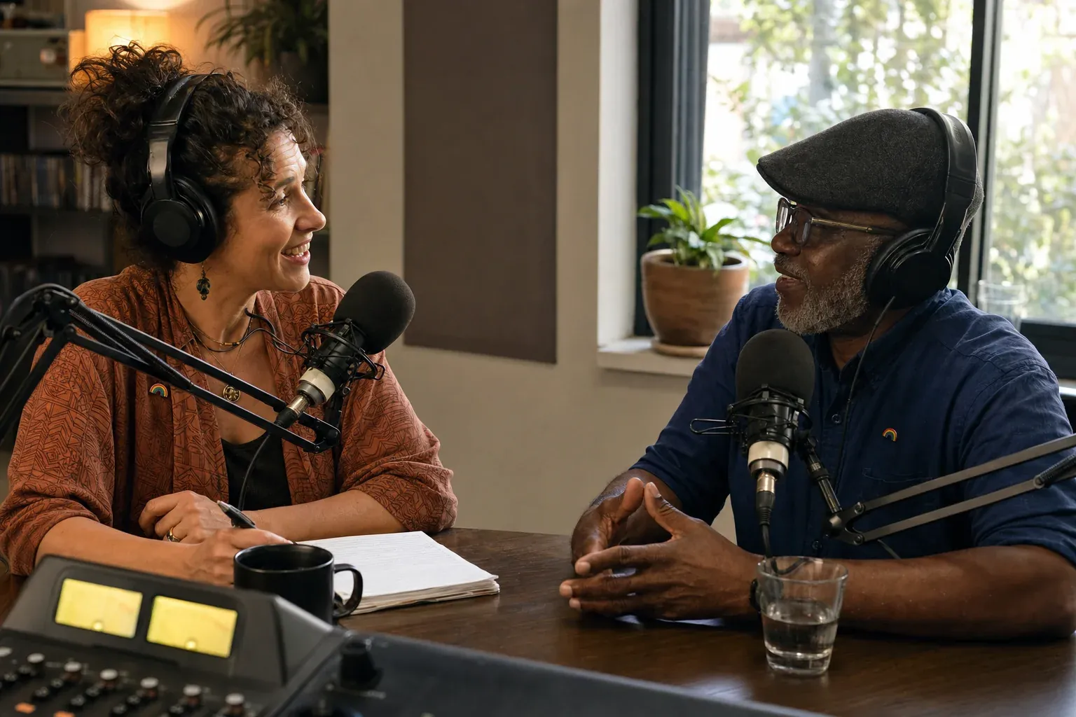 Radio host in studio interviewing a local community guest, both wearing headphones in warm natural light, representing authentic Pride Month radio segments